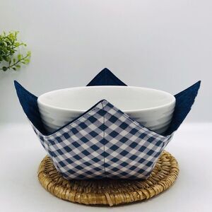 Microwave Soup Bowl Cozy, Reversible, Navy Blue Gingham, Cottage Core